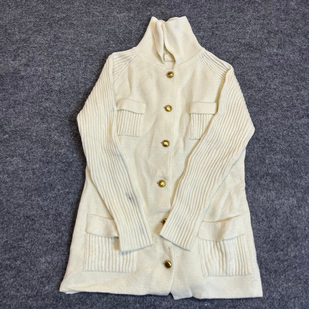 Montgomery Ward Cardigan Womens Size 36 Cream Knit Gold Button High Neck Vintage